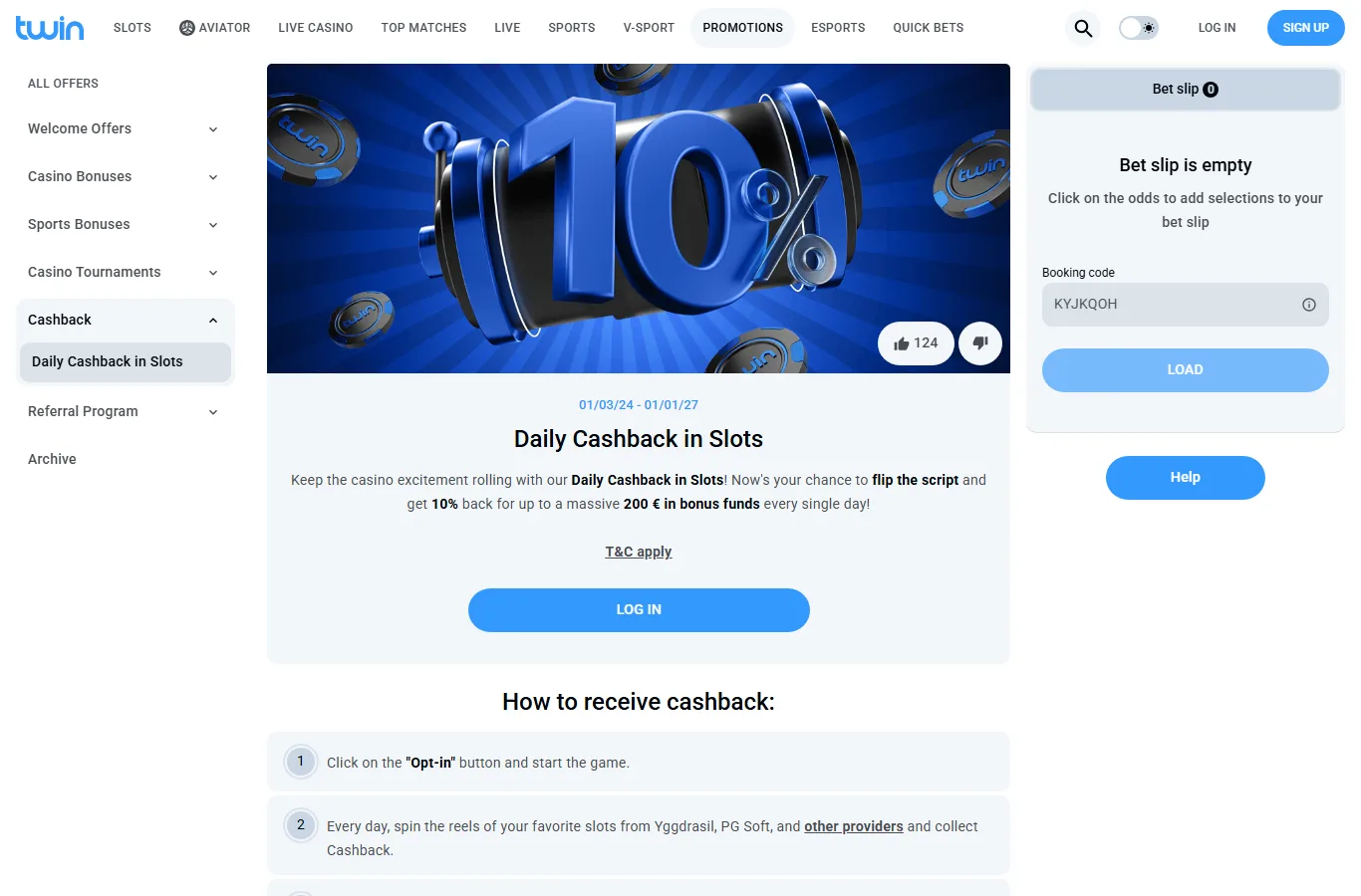 Daily Cashback-kampanjen i Twins kampanjvy