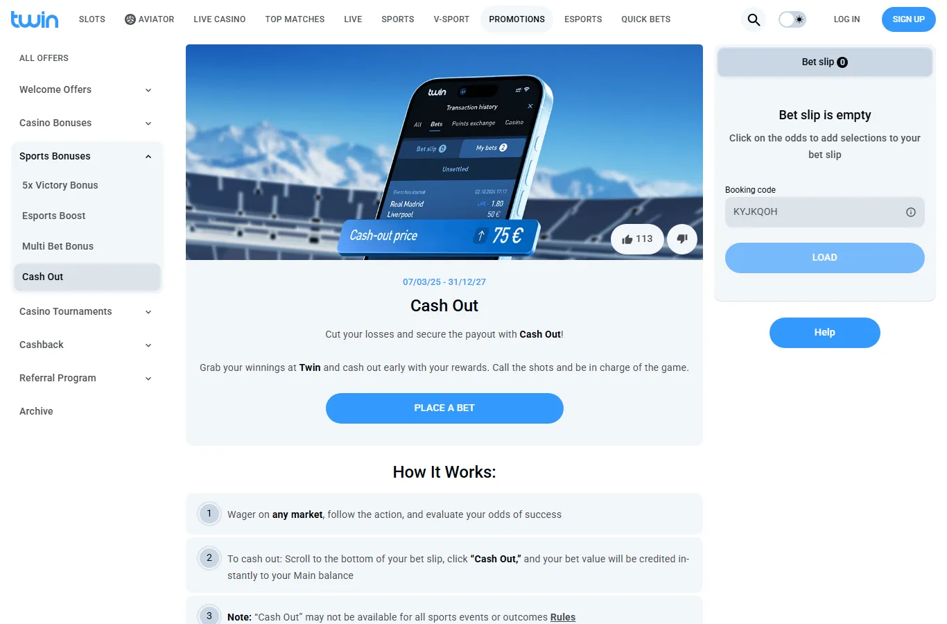 Cash out-funktionen i Twins sportvy